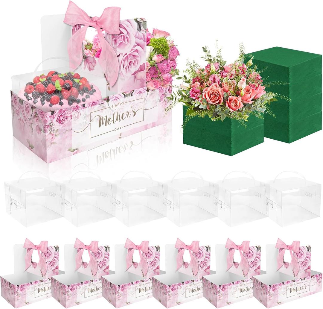 6 Set Mother's Day Cake Flower Gift Boxes with 6 Pcs Transparent PVC Cake Boxes 6 Floral Foam Ribbon Set Flower Bouquet Packaging Gift Paper Boxes for Mother's Day Mom Wife Birthday Holiday Gift Party