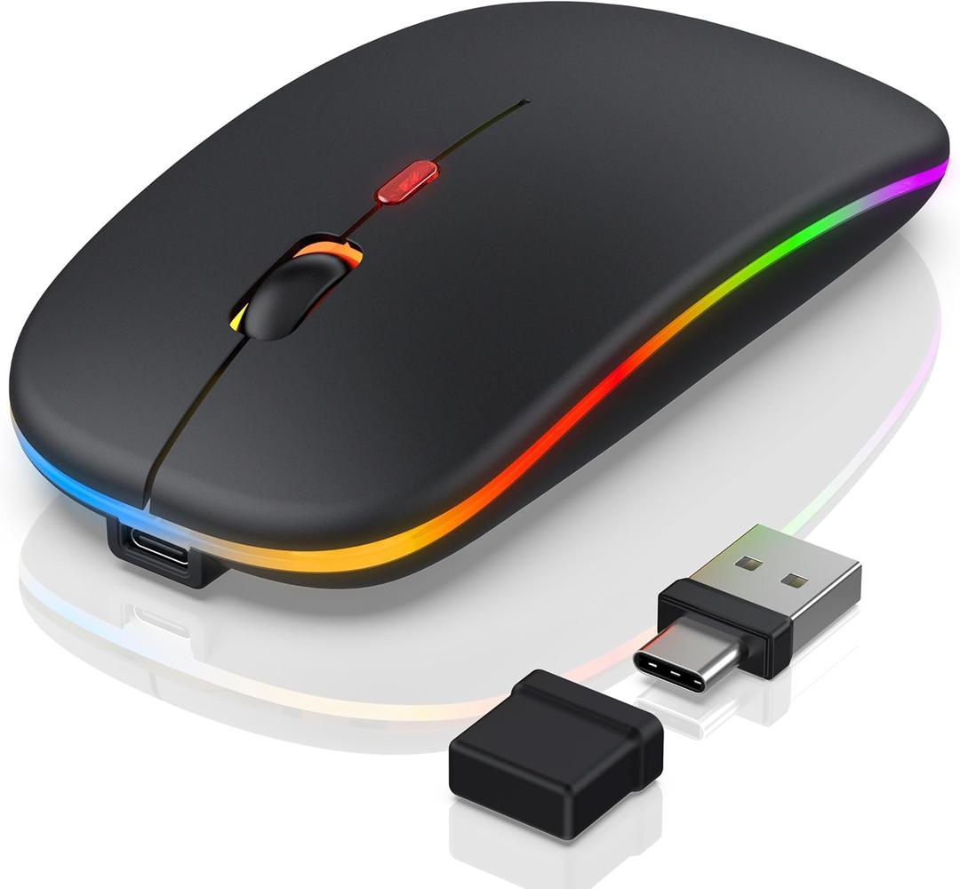 Bluetooth LED Wireless Mouse for MacBook Air iPad Pro Mac Laptop PC - Slim RGB Wireless Mouse, 3 Mode BT 5.2 & 2.4G USB-A/Type-C Connectivity Portable Mice with Jiggler Mode, Matte Black