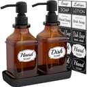 LMQML Soap Dispenser - 2 Pack, Antique Design Thick Amber Glass Hand Soap Dispensers with Sturdy Tray; 304 Rust Proof Stainless Steel Black Pump, 12Pcs Stickers, for Kitchen, Bathroom- Black