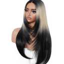 Ombre Blonde Black Wear and Go Glueless Wigs Pre Plucked Pre Cut for Beginners Synthetic Lace Front Wigs With Bangs Long layered Straight Dark Roots 26 Inch 3 Seconds to Wear for Beginners