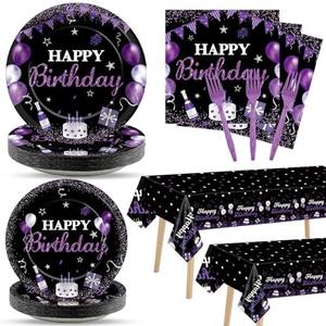 Justforjoyful 98 PCS Purple Birthday Party Supplies Purple Black and Sliver Paper Plates Napkins Tablecloths Purples Dinnerware Table Cover for Women Girl Men Birthday Party Decorations for 24 Guests
