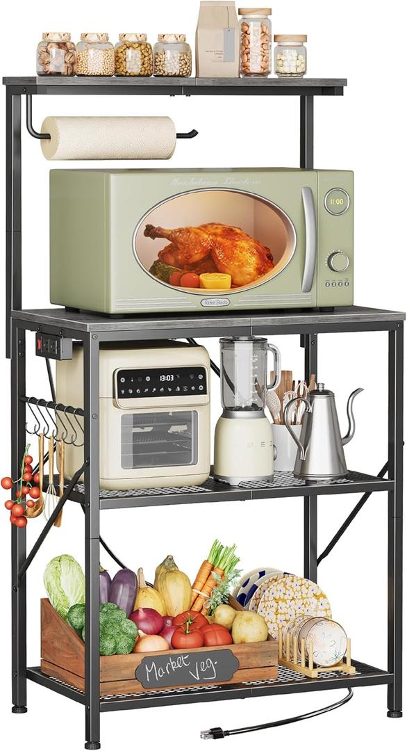 Huuger 4-Tier Bakers Rack with Reversible Power Outlet, 23.6 Inch Microwave Stand, Kitchen Coffee Bar, with Top Shelf, 6 S Hooks, Grey (Charcoal Gray)
