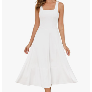 Zattcas Womens 2025 Spring Summer Square Neck Sleeveless Flowy Swing Midi Dress Wedding Guest Prom Cocktail Party Dress Small White