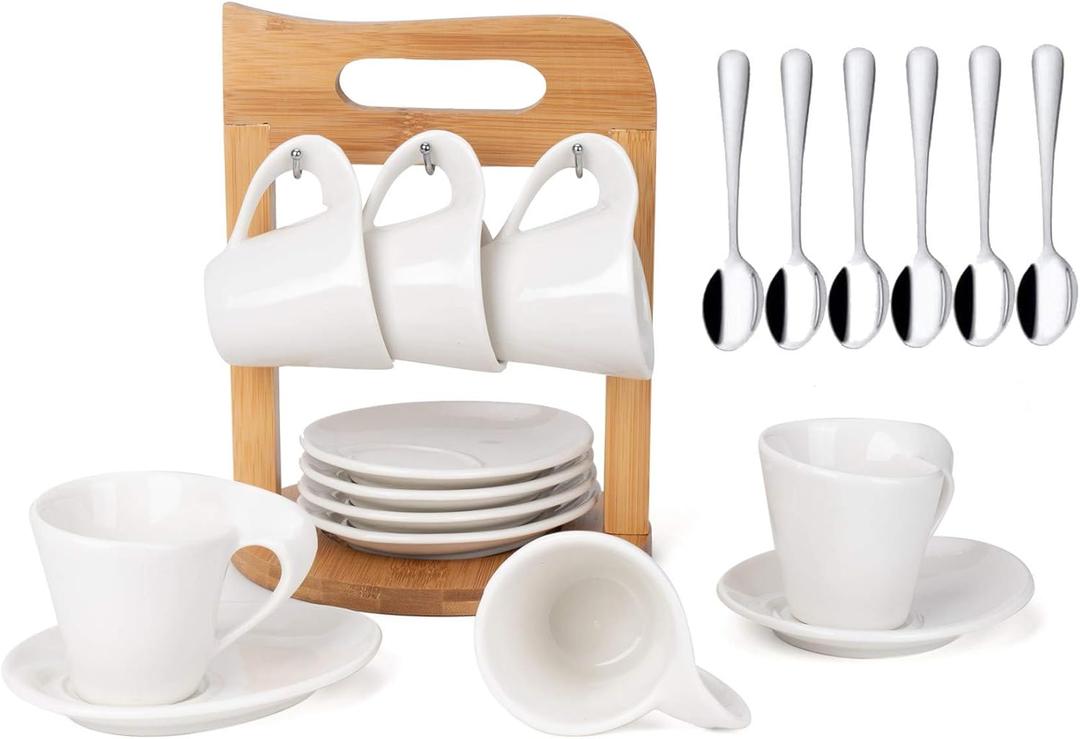 Espresso Coffee Cup Set of 6, Ceramic Coffee Tea Cup Set 2.5oz with Holder and Saucer Service, Turkish Coffee Cup for Home Office Tea Coffee, White