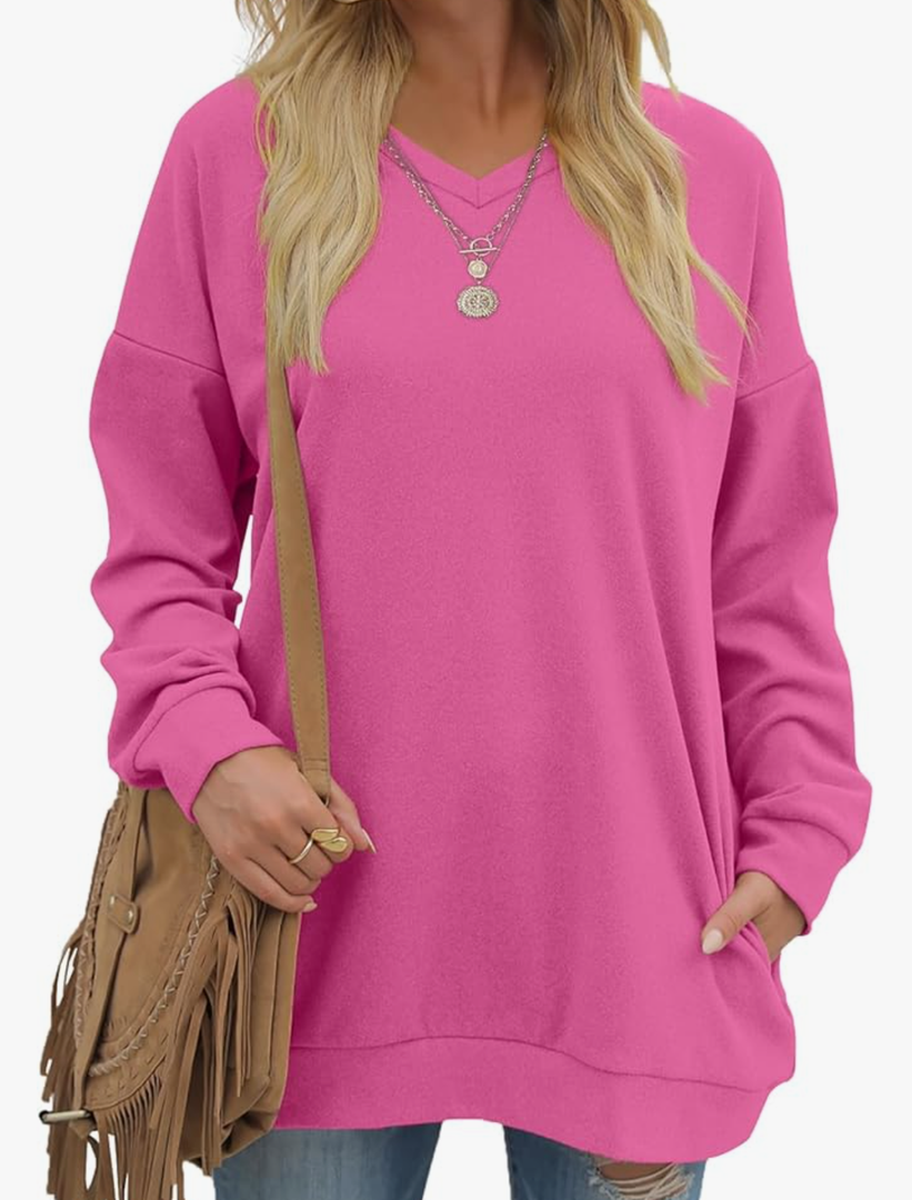 OFEEFAN Women's Sweatshirts V Neck Oversized Long Sleeve Pockets Top Size M