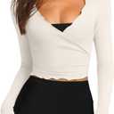 LASLULU Womens Tie Front Wrap Tops Long Sleeve Bolero Shrugs Crop Cardigan Yoga Ballet Cover up Tops Pilates Outfits (Small, Beige)