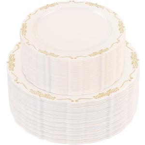 U-QE 100 PCS Ivory Plastic Plates with Gold Rim - Gold Plastic Plates for Party - Heavy Duty Plastic Plates Disposable Use Including 50 Dinner Plates 10 '' & 50 Dessert Plates 7.5 ''