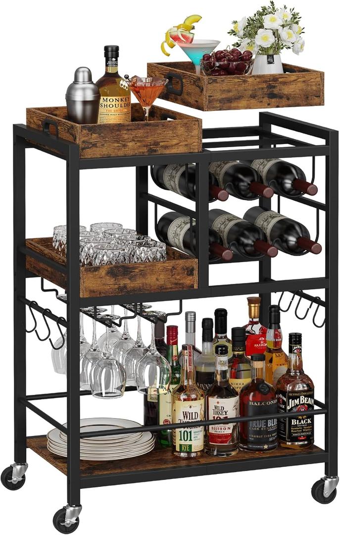TUTOTAK Bar Cart, Home Bar Serving Cart, 3-Tier Kitchen Cart on Wheels, Rolling Beverage Cart with Wine Rack and Glass Holder, Brown BC01BB037