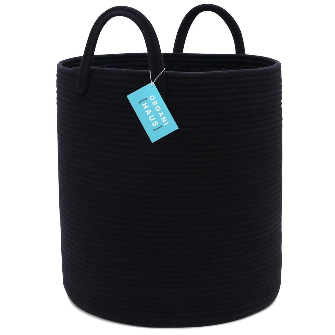 OrganiHaus Black Laundry Basket 15x18 | Tall Woven Baskets for Storage | Boho Blanket Basket Living Room | Large Basket for Storage | Soft Pillow Basket & Blanket Holder | Woven Laundry Hamper (Tall (15x18"), Full Black)