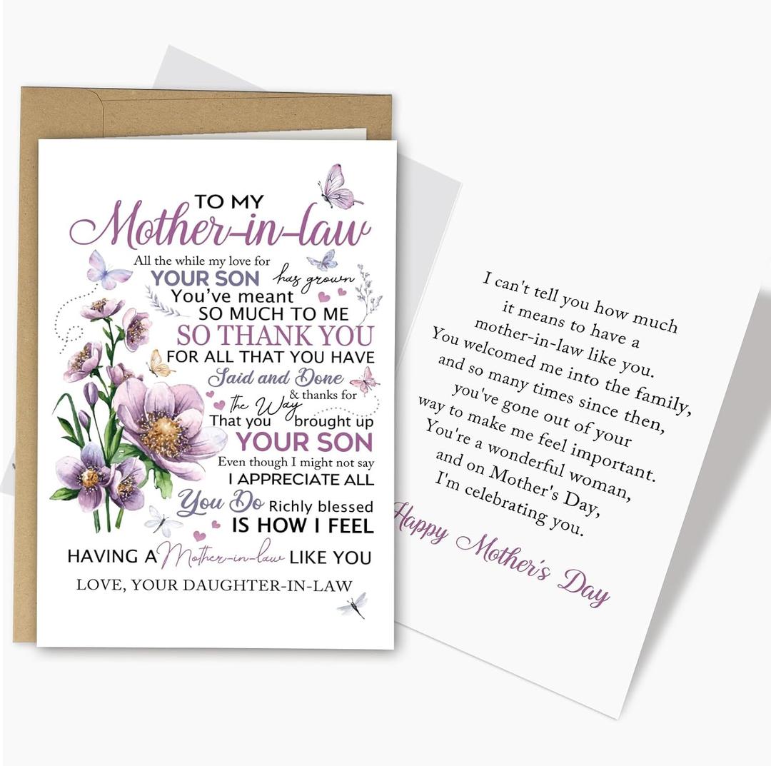 Heartfelt Mother's Day Card for Mother In Law, Mother-In-Law Mothers Day Card from Daughter-in-Law, Thank You Cards Gifts for Mom