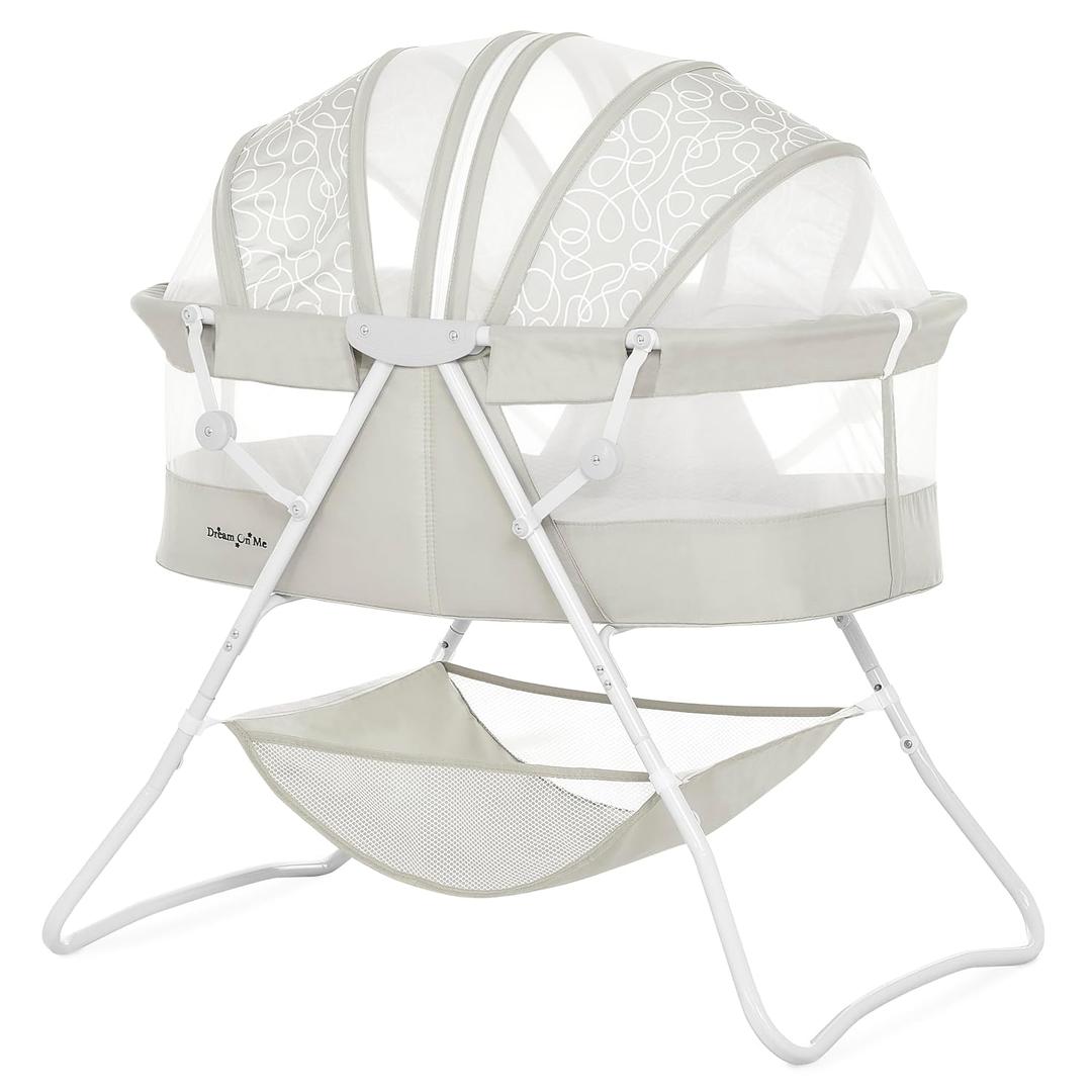 Dream On Me Karley Bassinet, Award Winner Lightweight Travel Baby Bassinet, Foldable Bedside Sleeper, Adjustable Double Canopy, Spacious Design, Soft Fabric, Storage Basket – Cool Gray