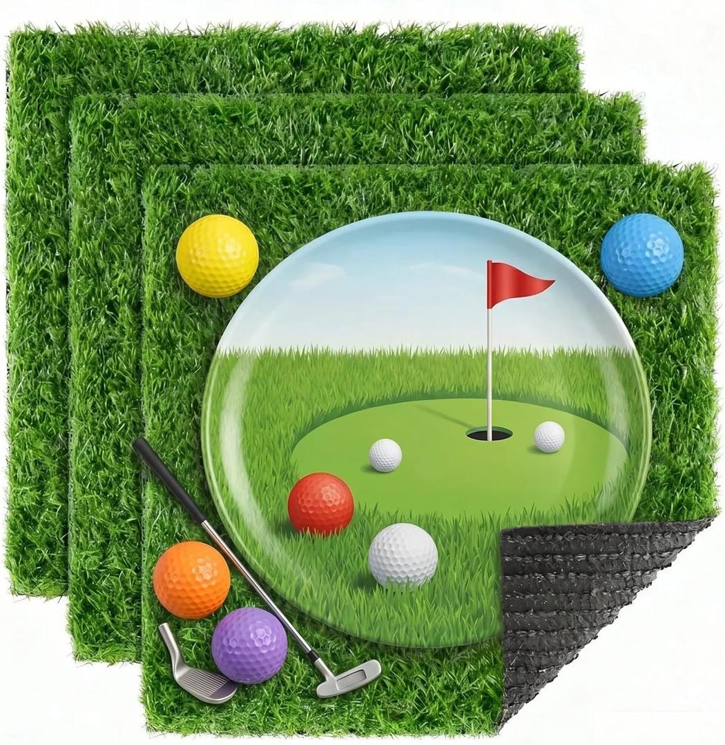 XLX TURF 3 Pack Artificial Grass Mats for Golf Party Decorations - 12" x 12" Fake Grass Square Table Placemats for Baseball Hawaiian Birthday, Artificial Turf Tiles for DIY Crafts