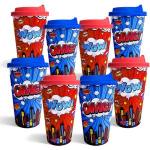 24 Pcs Spider Themed Party Cups with Lids, 16oz Reusable Plastic Cups in Red Blue for Kids Birthday, Comic Hero Theme Party Decorations Supplies Tableware