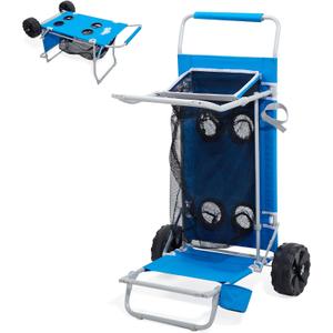 2-in-1 Beach Cart with Big Wheels for Sand, Folding Utility Wagon with Chair Holder, Mesh Storage, 4 Cup Holders, Umbrella Rack, Supports 100 lbs, Compact & Portable for Beach, Camping, Shopping, Blue