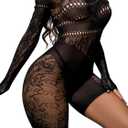 Womens Lingerie Fishnet Dress, Women's Sheer Mesh Long Sleeve Bodycon Dress - Rhinestone Embellished (Black)