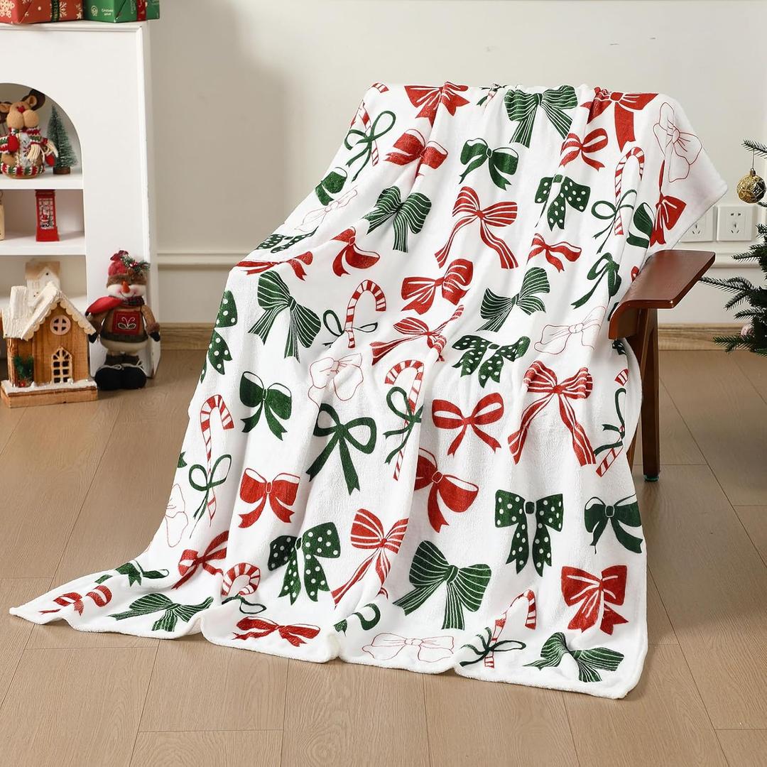Hahafelt Christmas Bow Throw Blanket Red and Green Bow Candy Cane Holiday Flannel Blanket Coquette Soft Fuzzy Cozy Christmas Throw for Women Couch Sofa Bed Lounging Winter Gifts 50 x 60 Inch