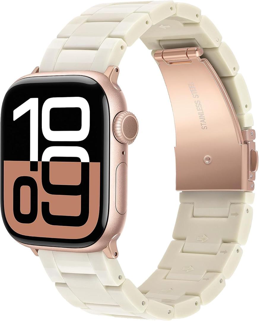 V-MORO Resin Bands Compatible with Apple Watch Series 11/10/9/8/7 45/46mm Rose Gold Buckle Lightweight Fashion Strap Bracelet for iwatch Series SE/6/5/4/3/2/1(Buttercream,42/44/45/46/49mm)