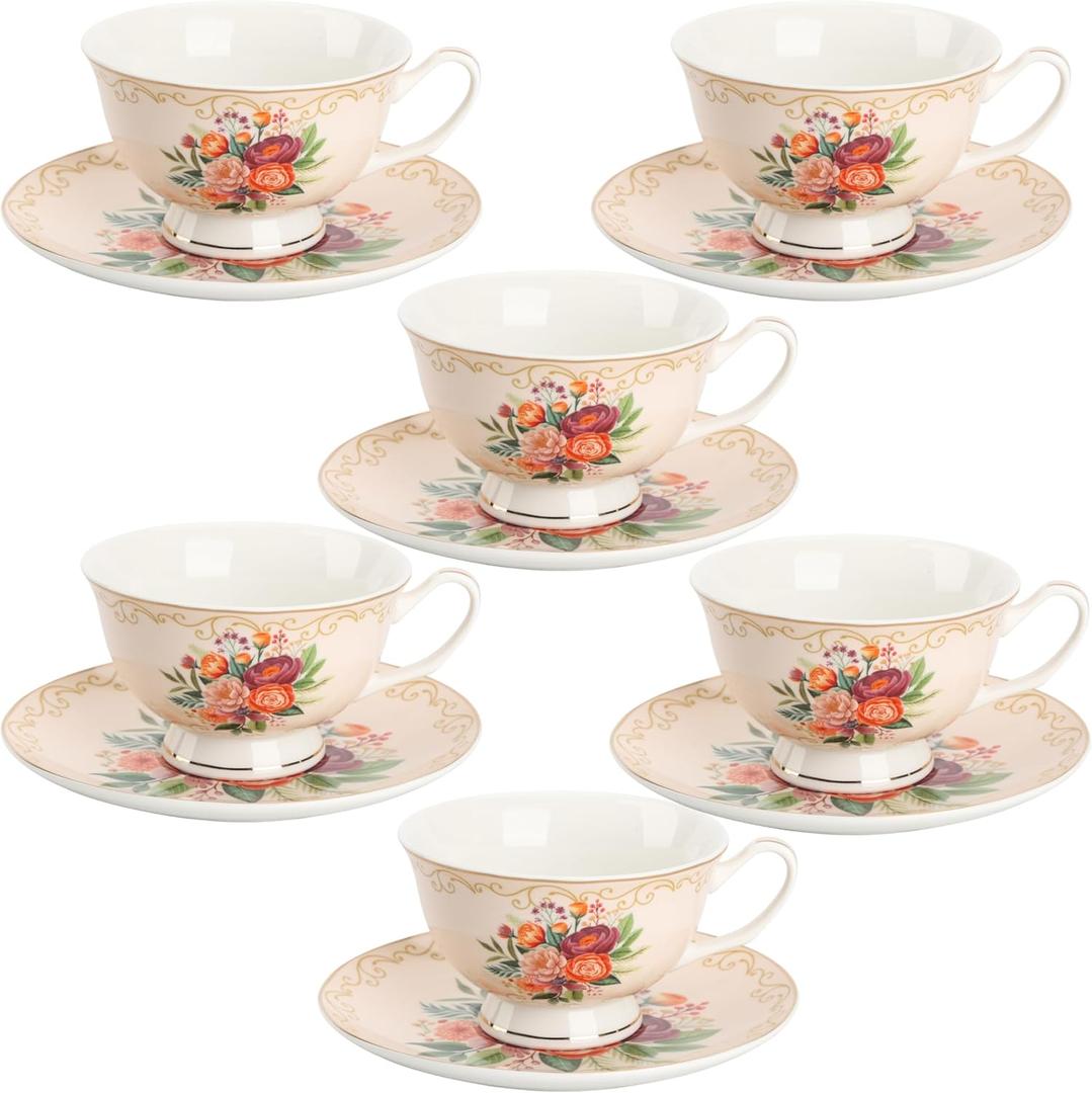 BTaT- Tea Cups and Saucers, Floral Design, Porcelain Tea Cup Sets, Dishwasher Safe, Set of 4, 8 oz (6 Pack, Flower Shrubs)