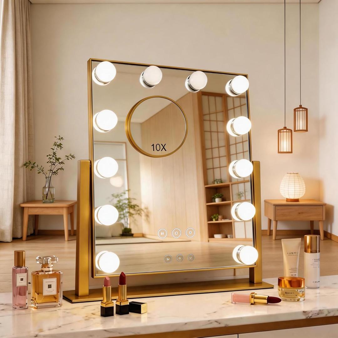 Makeup Vanity Mirror with LED Lights Makeup Mirror Detachable 10X Magnification, Hollywood Make Up Mirror with Lighting, Smart Touch, Rechargeable,360 Rotation, Gold 17.12"x13.77"