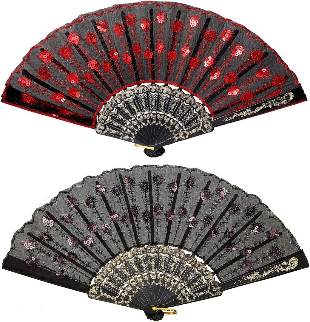 Jetec 2 Pieces Lace Spanish Fan, Handheld Chinese Folding Hand Fan for Women 1920s Dancing Costume, Spanish Flamenco Gift with Embroidered Sequin, Photo Prop, Prom, Wedding Decor(Red, Black)
