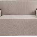 H.VERSAILTEX Stretch Couch Cover Loveseat Covers for 2 Cushion Couch Slipcover|Sofa Cover for Love seat 1 Piece with Elastic Bottom, Checked Jacquard Fabric(Loveseat 58'-70' Wide, Sand)