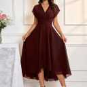 Women's Black Chiffon Dress Ruffle Short Sleeve Formal Dresses 2026 Summer Fashion Sexy Empire Waist Midi Dresses (XL)