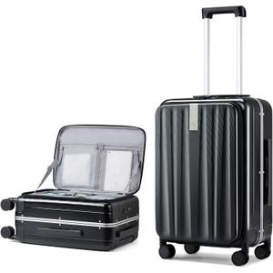 Hanke 24 Inch Checked Luggage PC Hard Shell Suitcases for Travel Front Opening Aluminum Frame Travel Luggage Rolling Suitcase with Wheels.(Jet Black)