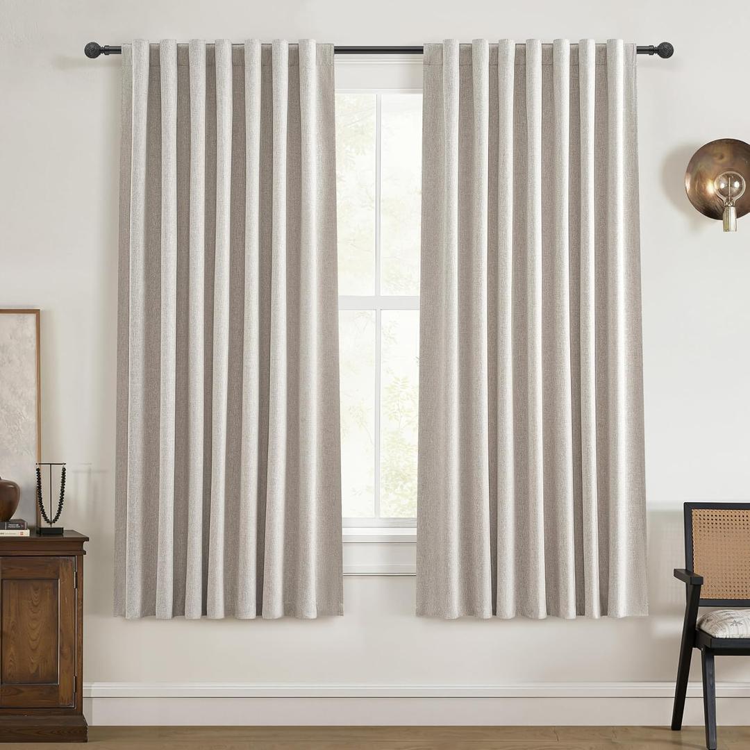Room Darkening Curtains 72 Inches Long 2 Panels Burg, Rich Linen Heavy Insulated Bay Window Curtains Modern Neutral Drapes for Bedroom/Cabin/Kitchen (W50" x L72"Tall) 6FT Length Back Tab/Hook Belt