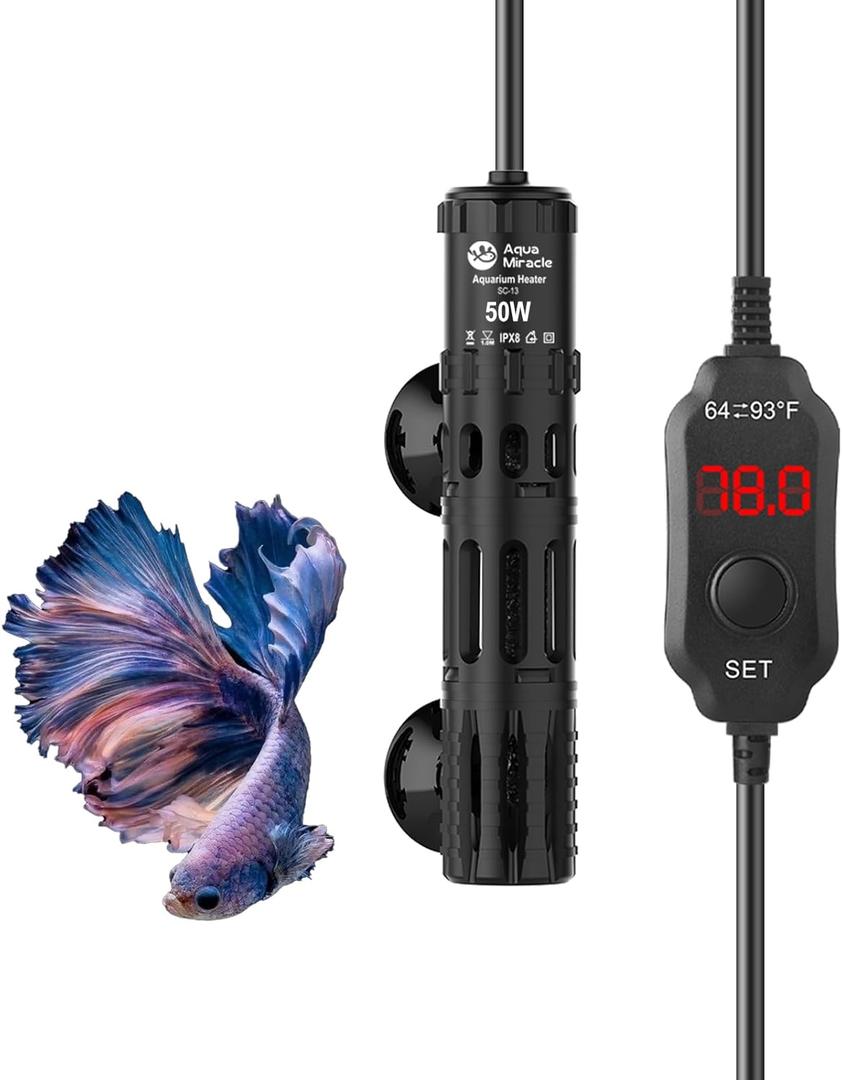 AquaMiracle Submersible Aquarium Heater, 50W Fish Tank Heaters with LED Digital Temp Display, Dry-Run Auto Power-Off & Overheat Protection, for Freshwater and Saltwater Tanks (5-10 Gal)