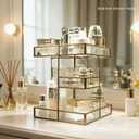 360° Rotating Makeup Organizer, Luxury Clear Glass Vanity Organizer with Mirrored Top, Large Capacity Cosmetic Storage for Skincare Perfume Makeup, for Dresser Bathroom Bedroom (brass)