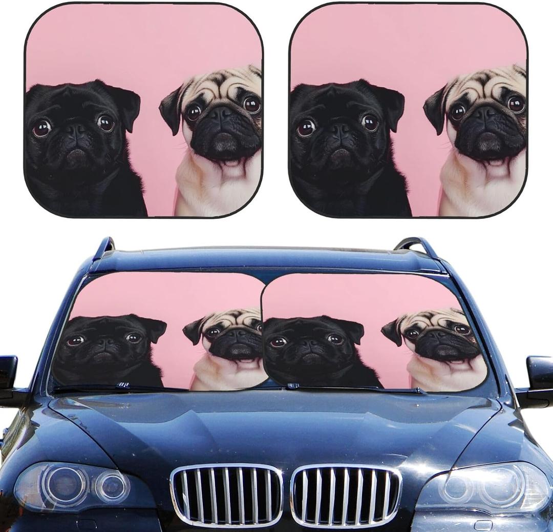 Light Pink Cute Pug Dogs 2-Piece Car Windshield Sun Shade Foldable Front Window Sunshades Blocks UV Rays and Keeps Your Vehicle Cool for Most Sedans SUV Truck, Medium