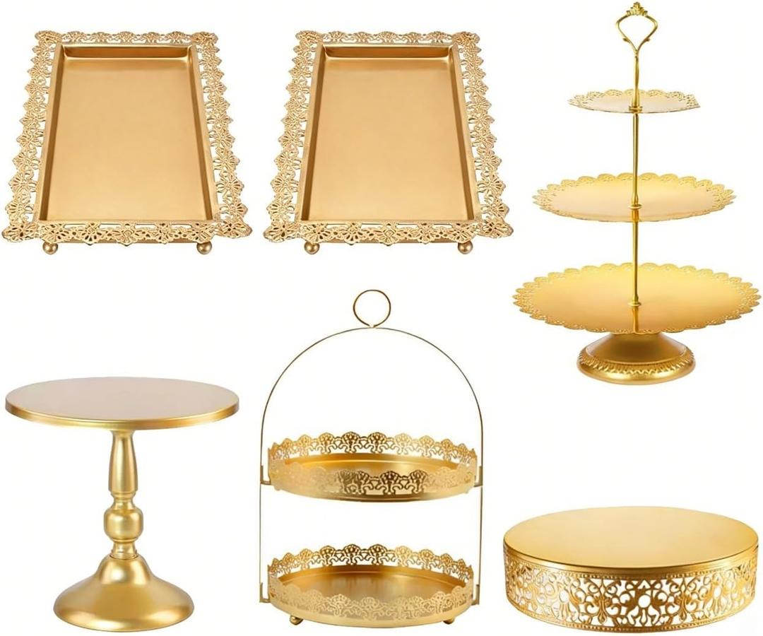 6 Pcs Gold Cake Stands Sets, Metal Dessert Display Set, Cakes Display Pedestal Tiered Cupcake Holder Tower, Round Tower Tray Platter Square Serving Trays for Wedding Celebration Birthday