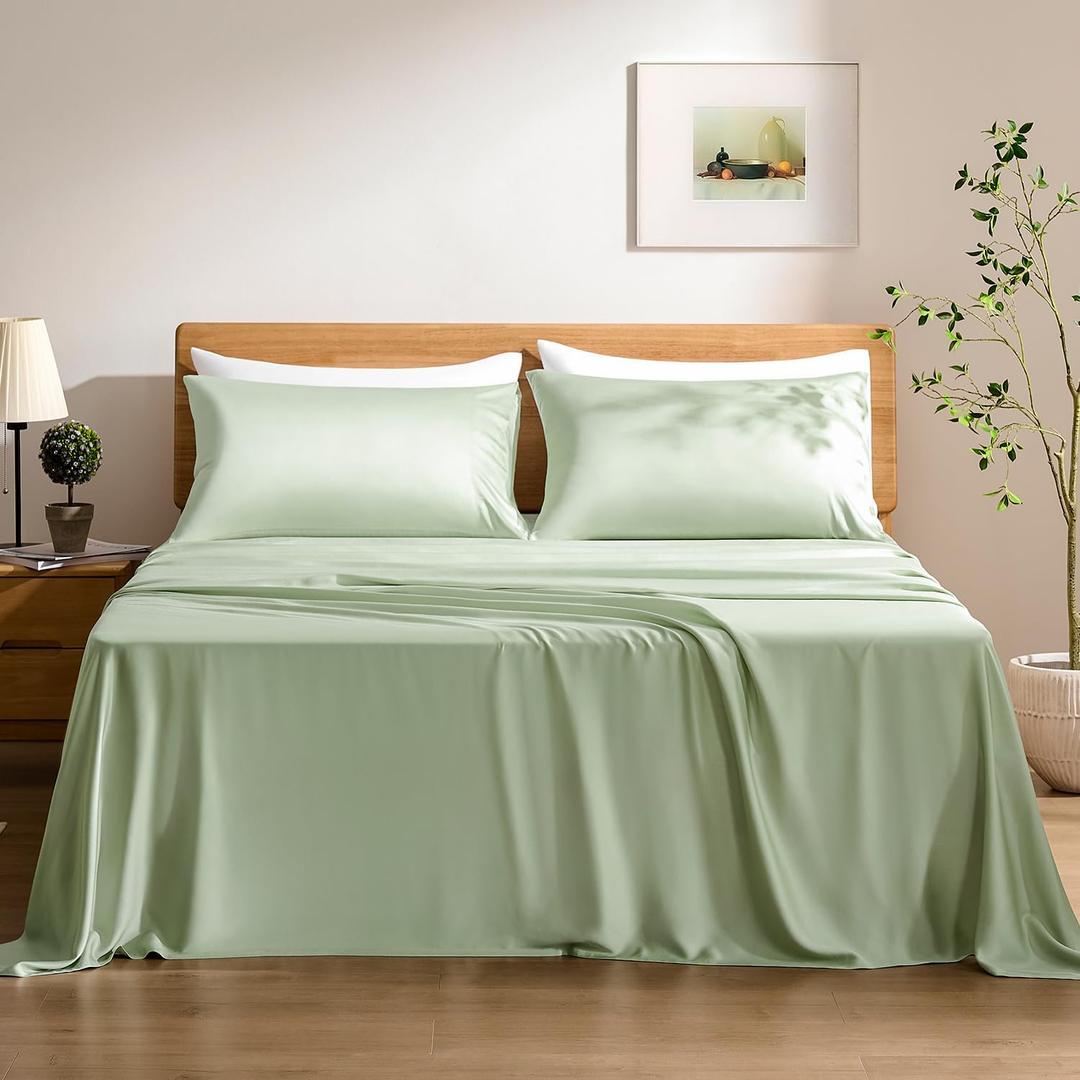 TOSMO Luxury Cooling Sheet Set - 100% Viscose from Bamboo, 4-Piece Bedding Set (Cal King Size) - 18 Extra Deep Pockets, Oeko-Tex Certified, Silky Soft and Breathable, Light Green