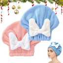 Microfiber Hair Drying Caps, Christmas Absorbent Hair Towel Wrap for Women Wet Hair Quick-Drying Hair Towels, Soft Bow Tie Wet Hair Towel Wrap for Party Favors Goody Bag Filler (Pink+Blue)