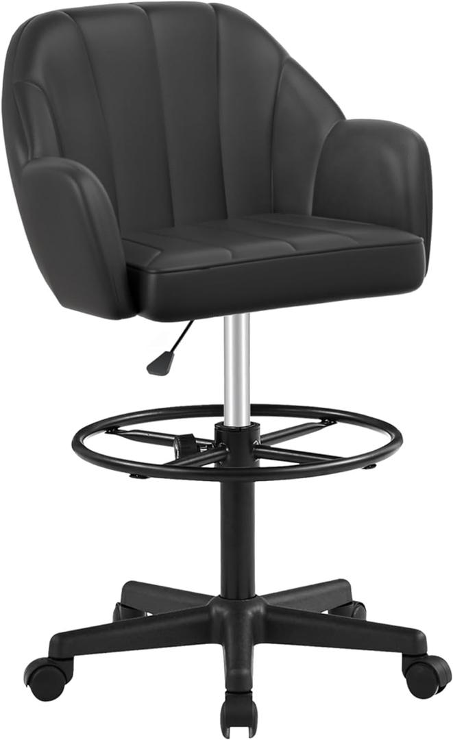 VECELO Home Office Desk Chair with Height Adjustable Seat and Footrest Ergonomic PU Standing Swivel Stool with Back and Arm (Set of 1, Black)