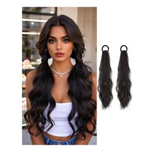 2PCS Curly Ponytail Extension with Elastic Tie 17 Inch Resistant Synthetic Natural Wavy Hairpiece Pony Tail Hair Extensions Wave Fake Ponytail Hairpieces for Women Daily WearNatural Black
