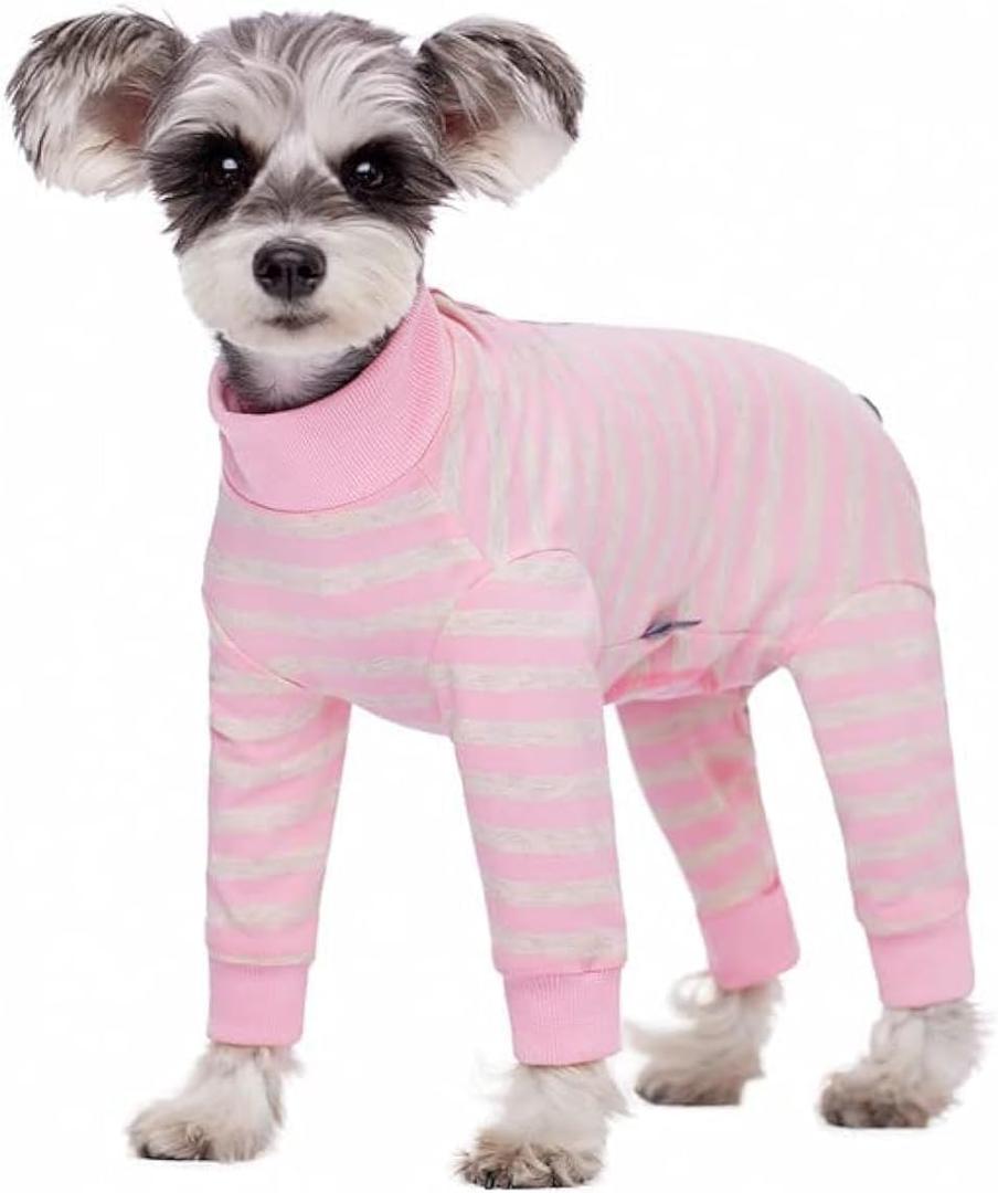 Dog Striped Recovery Suit, Puppy After Surgery Onesie for Female Male Dogs, Dogs Cats Long Sleeve Pajamas Bodysuit, Surgery Abdominal Wound Bandages Clothes, Dog Pant for Shedding Skin Disease (Large, Light Pink)