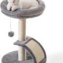Small Cat Tree Tower with Scratching Post, Modern Kitten Tower for Indoor Cats, Short Carpet Sisal Cat Scratcher Stand with Large Bed Perch, Scratch Ramp, Toy Ball for Kitty Play (Grey)