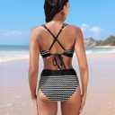 Blooming Jelly Womens High Waisted Bikini Sets Striped Tummy Control Swimsuits Color Block Two Piece Bathing Suit (Black, S)