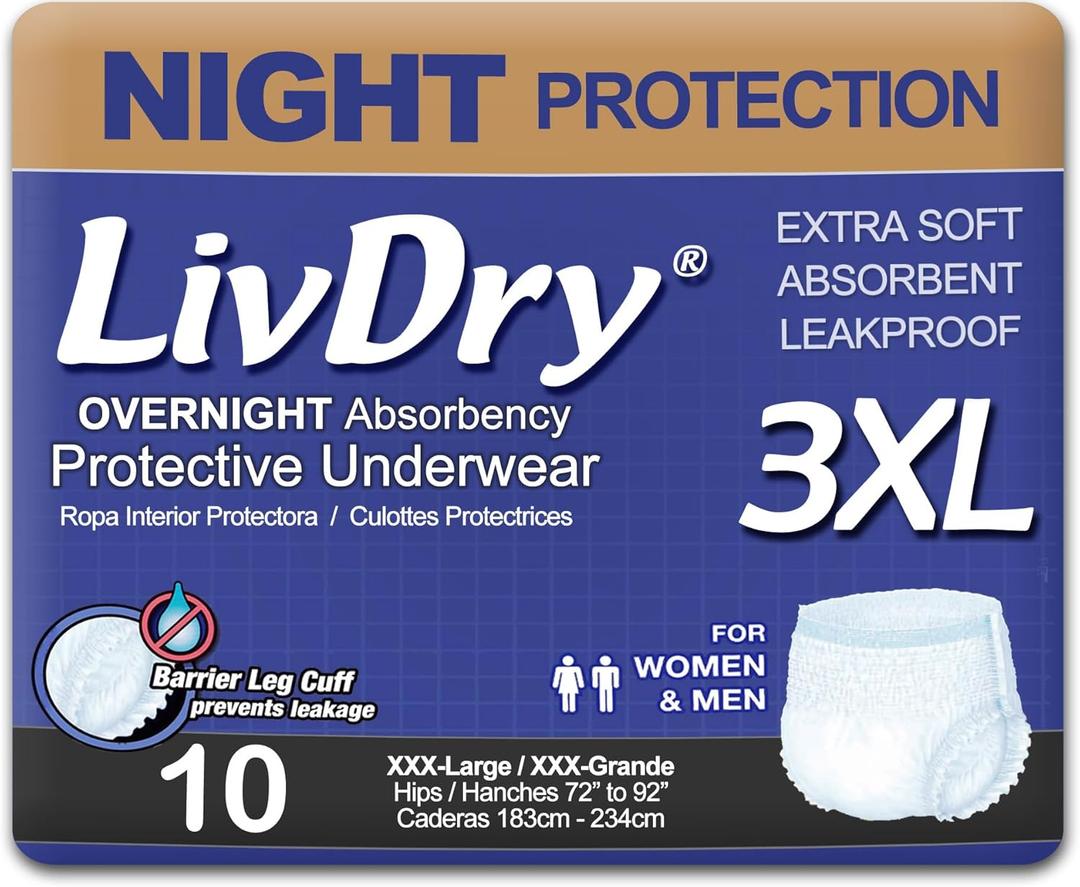 LivDry 3XL Overnight Adult Diapers for Women and Men, XXXL Incontinence Underwear, 72-92" Waist, Disposable Pull-On Briefs, XXX-Large, 10 Count