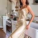 Ekouaer Womens Satin Nightgown Sexy Lingerie Sleepwear Spaghetti Strap Cowl Neck Elegant Long Slip Satin Silk Midi Dress (Gold, XXL)