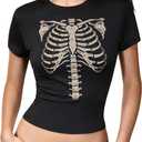 Women's Retro Gothic Skeleton Graphic Tees Y2K Vintage Short Sleeve Crop Tops Crew Neck Summer T Shirts (Black, L)