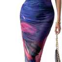 Women's Tie Dye Cowl Neck Split Hem Bodycon Cami Dress Backless Long Dresses Size M