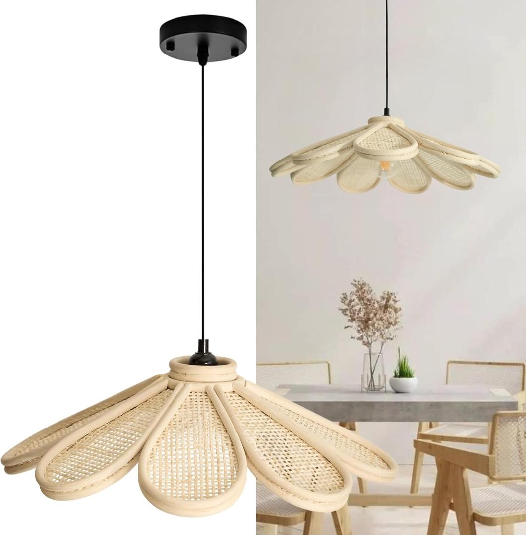 Natural Rattan Pendant Light, Boho Petal Hanging Light Fixture, Ideal for Kitchen, Entryway, Dining Room, Bedroom, Living Room, Easy Assembly (Large)
