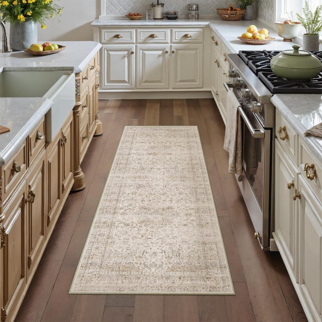 2x6 Washable Beige Runner Rug Vintage Hallway Kitchen Carpet Non-Slip Soft Low Pile Distressed Throw Rug for Bedroom Bathroom Laundry Living Room
