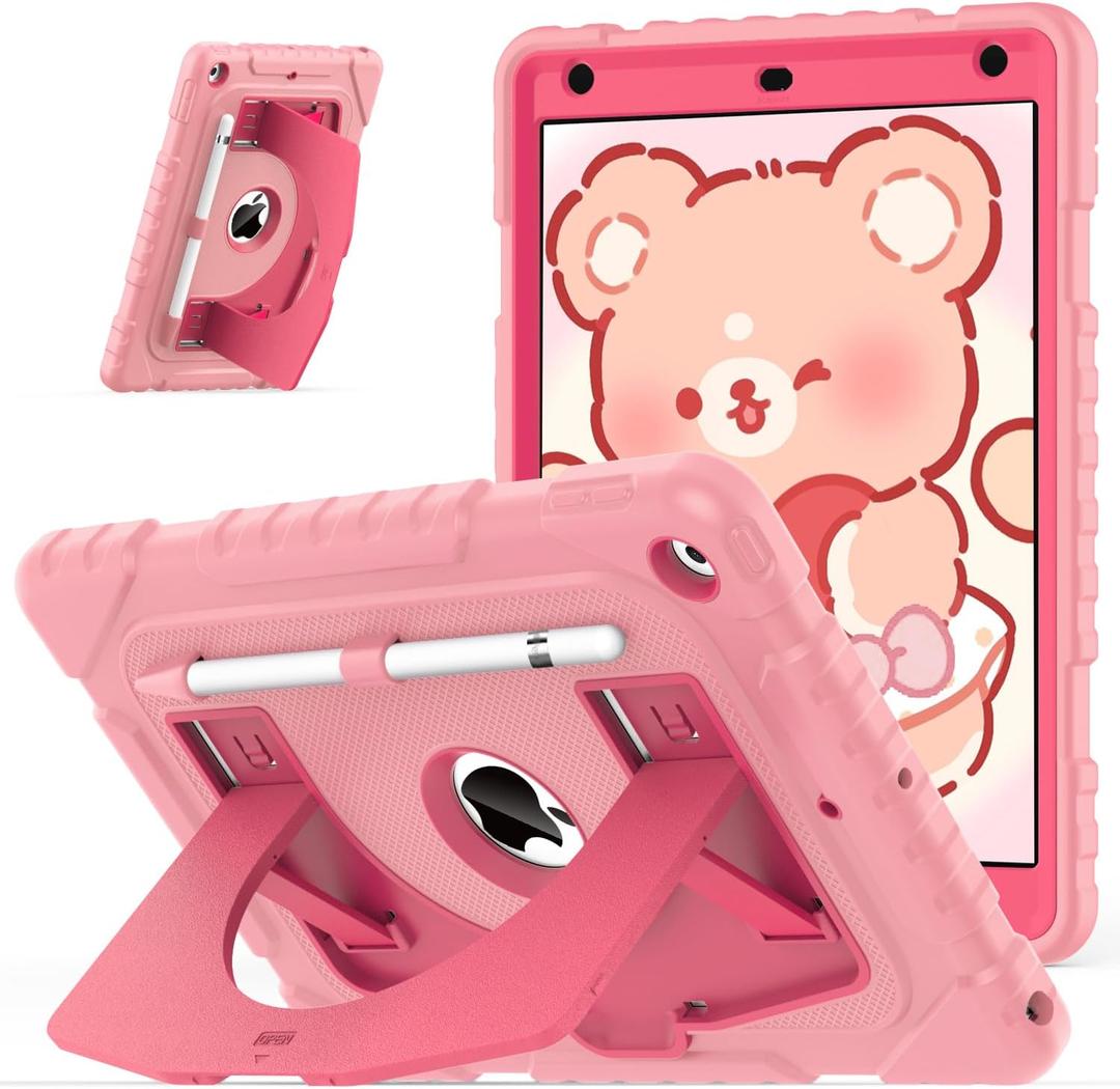 OKP Case for iPad 9th/ 8th/ 7th Generation 10.2 Inch (2021/2020/2019), Shockproof Rugged Heavy Duty i Pad 9 8 7 th Gen Protective 10.2'' Cover with Pencil Holder/Kickstand, Pink