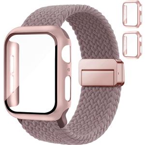 Braided Bands and Case for Apple Watch Bands for Women 40mm 44mm 46mm 42mm 45mm 41mm 38mm Men,Magnetic Nylon Sport Stretchy Solo Loop Elastic Strap with Cover for iWatch Series 11 10 9 8 7 6 5 4 3 SE (05-Smoke Purple+Rose Pink)