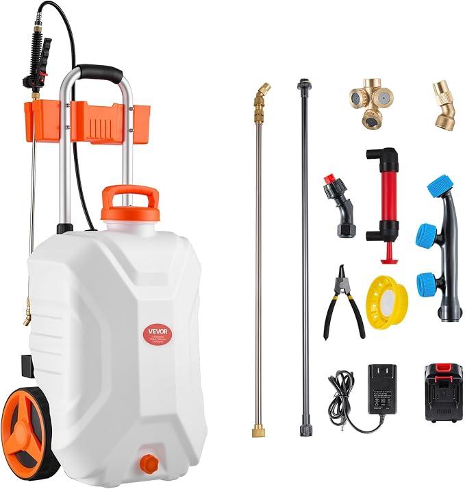 VEVOR Battery-Powered Sprayer with Wheeled Cart, 10 Gallons Electric Weed Sprayer, Adjustable 0-80 PSI, Yard Lawn Sprayers with Wheels, 5 Nozzles & 98ft Hose, 3-6H Spray Time, for Weeding, Cleaning | Electric Weed Sprayer, Yard Sprayer for Lawn & Garden, Adjustable 0-80 PSI, 5 Nozzles & 98 ft Hose, 3-6H Spray Time