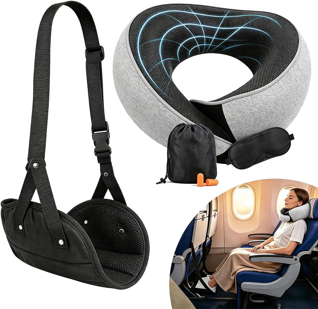Ergonomic Airplane Pillow and Airplane Foot Hammock, Ultra Portable Neck Pillow with 360° Head Support, Portable Travel Foot Rest with Adjustable Strap, Includes Eye Mask & Ear Plugs, for Flight, Car