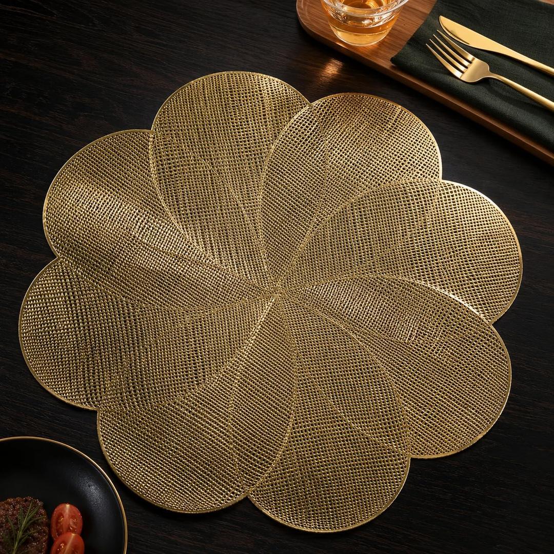 FAVE Luxury Gold Round Table Mats Set of 6, 15 Inch Wipeable Heat Stain Resistant PVC Placemats for Kitchen Dining, Holiday Decor,Parties,Weddings and Daily Use(Flower)
